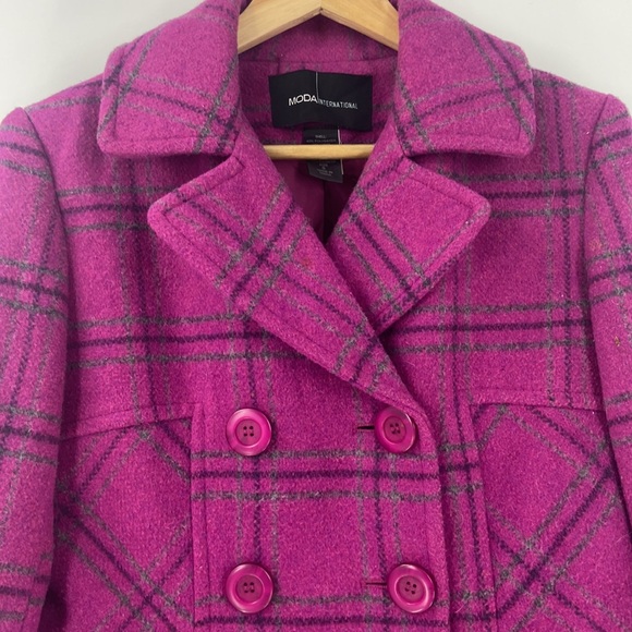 Moda International magenta pink plaid wool blend double breasted jacket coat - Picture 2 of 13